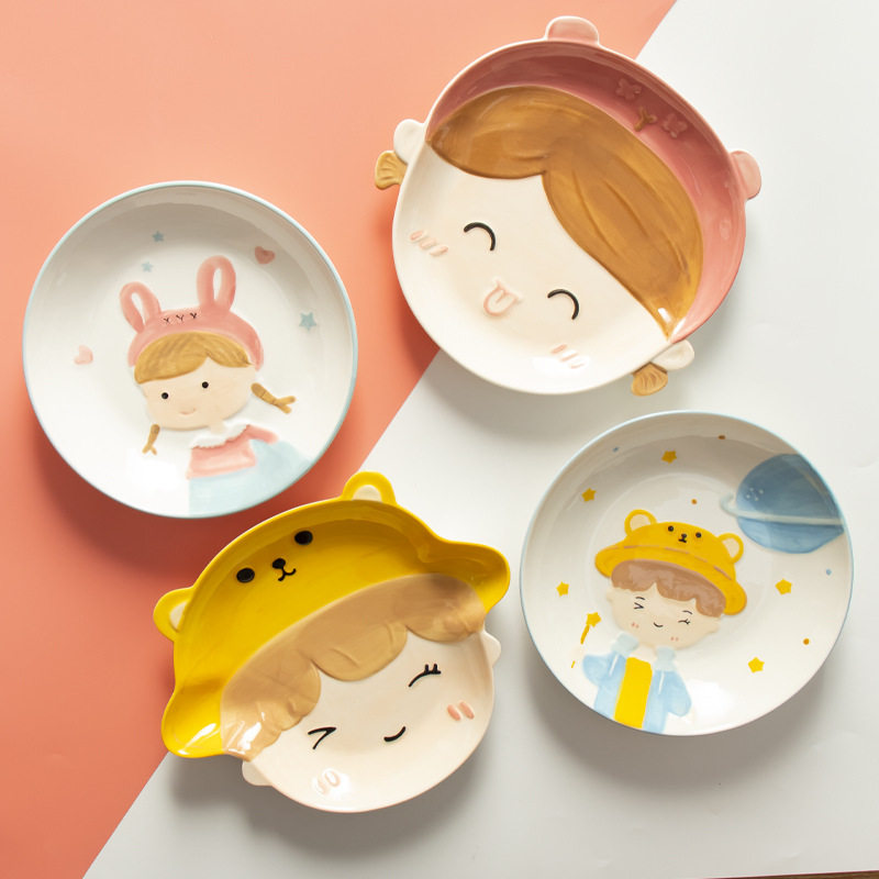 釉下彩手绘浮雕孩女孩陶瓷饭碗圆盘碟子情侣家用餐具菜盘造型盘,餐饮具,餐具瓷器套装,淘宝优惠券,粉丝福利购,淘宝优惠卷