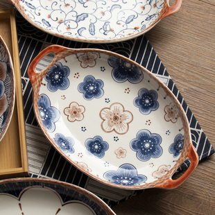 日式12英寸双耳鱼盘子大号家用陶瓷防烫网红ins高颜值椭圆蒸鱼盘