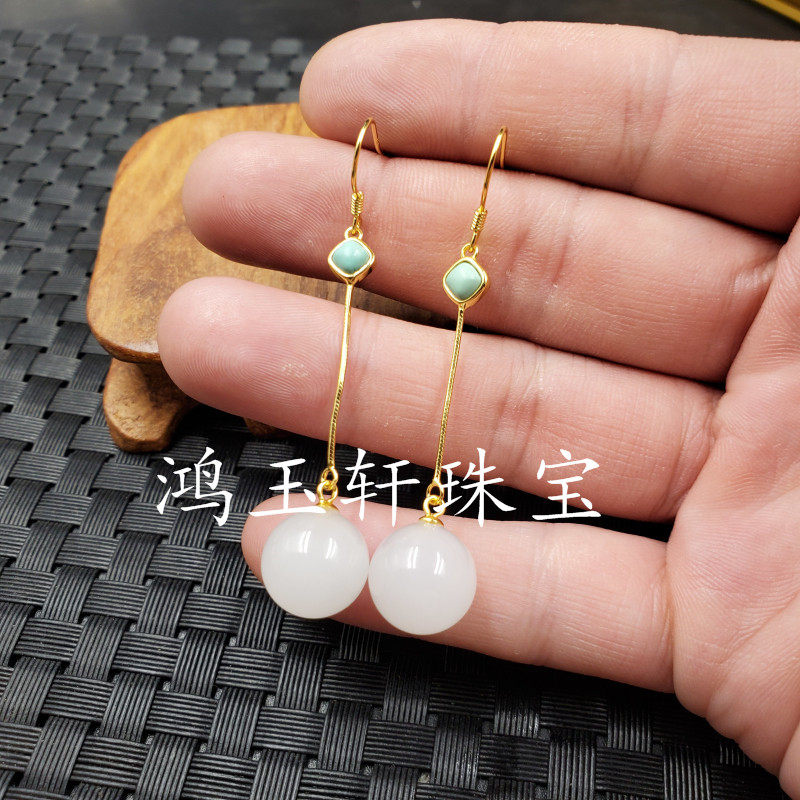 新款天然玉石新疆和田白玉圆珠耳环金丝玉圆珠耳环白色耳钉玉耳坠,珠宝/钻石/翡翠,耳饰,淘宝优惠券,粉丝福利购,淘宝优惠卷