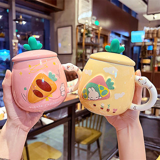 韩版少女心可爱兔子办公室陶瓷杯手柄带杯盖咖啡杯家用情侣马克杯