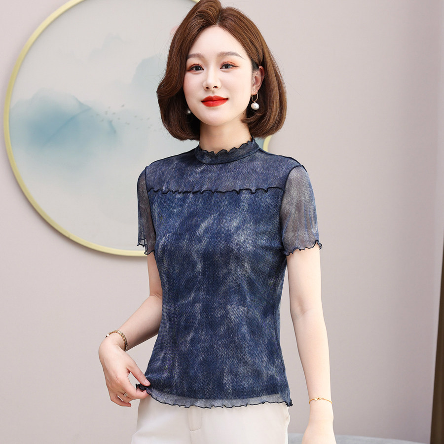 100%桑蚕丝网眼半高领短袖T恤女