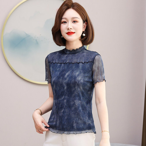 100%桑蚕丝网眼半高领短袖T恤女