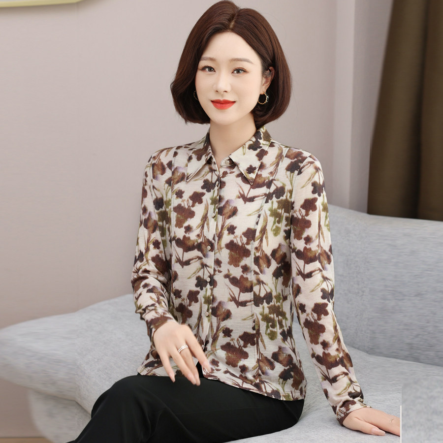 2025秋新款羊毛衬衫女士长袖印花POLO领高端100%绵羊毛上衣打底衫