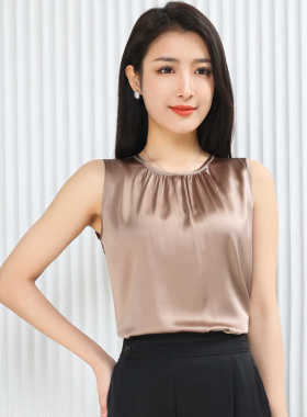圆领褶皱无袖真丝背心女2024夏气质宽松显瘦蚕丝吊带背心外穿1712