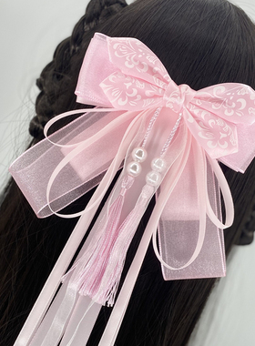 古装青花瓷发饰汉服大蝴蝶长飘带古风超仙汉服COS表演中国风发夹