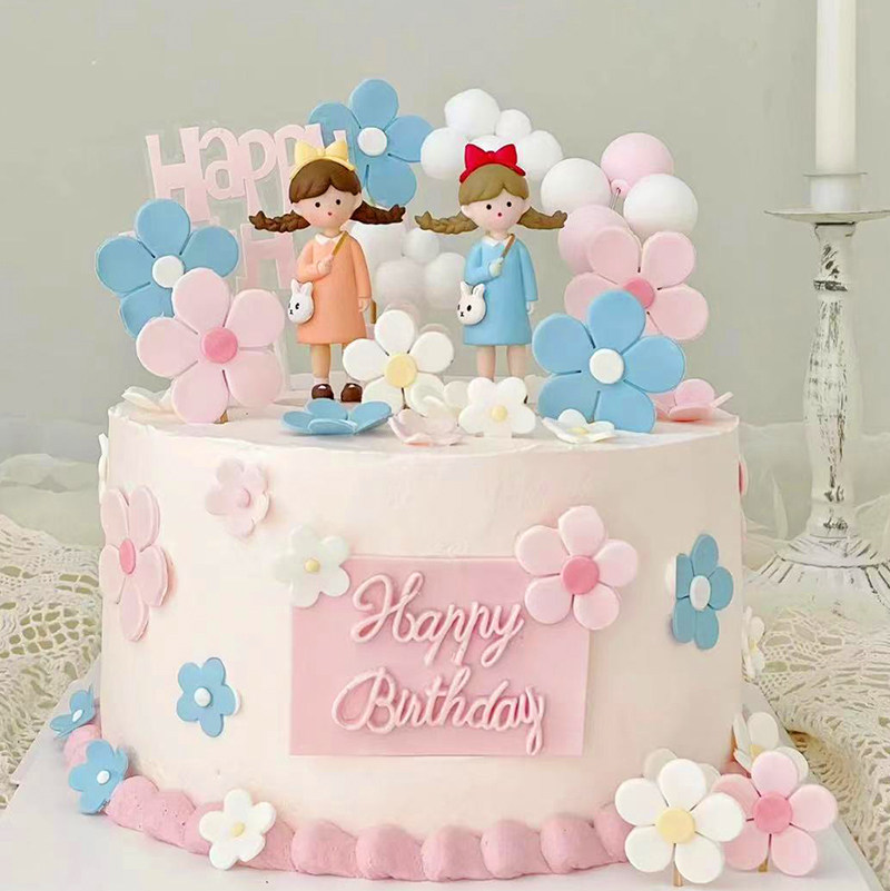 女孩闺蜜蜜桃裙娜娜双马尾辫子背包女孩双胞胎生日蛋糕装饰摆件