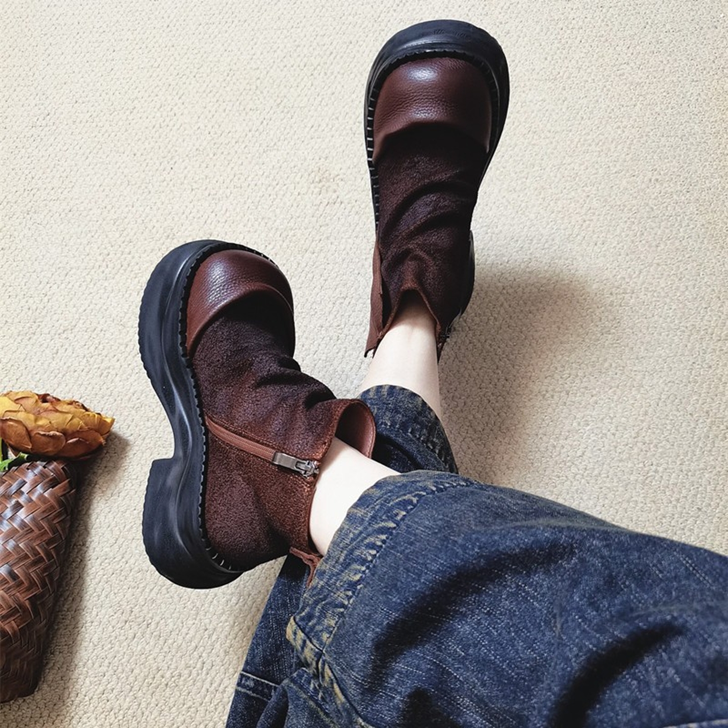 四月倾城厚底粗跟拼接短靴真皮