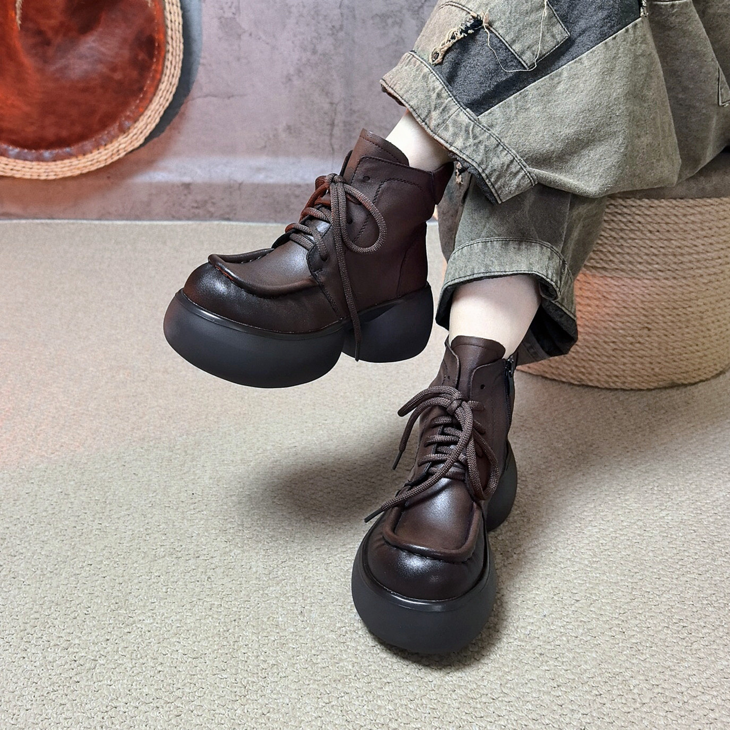 头层牛皮英伦风厚底粗跟马丁靴女