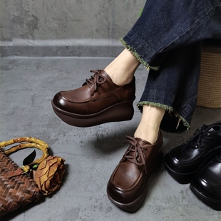 坡跟深口百搭松糕跟休闲鞋 新款 2025秋季 四月倾城真皮复古厚底单鞋