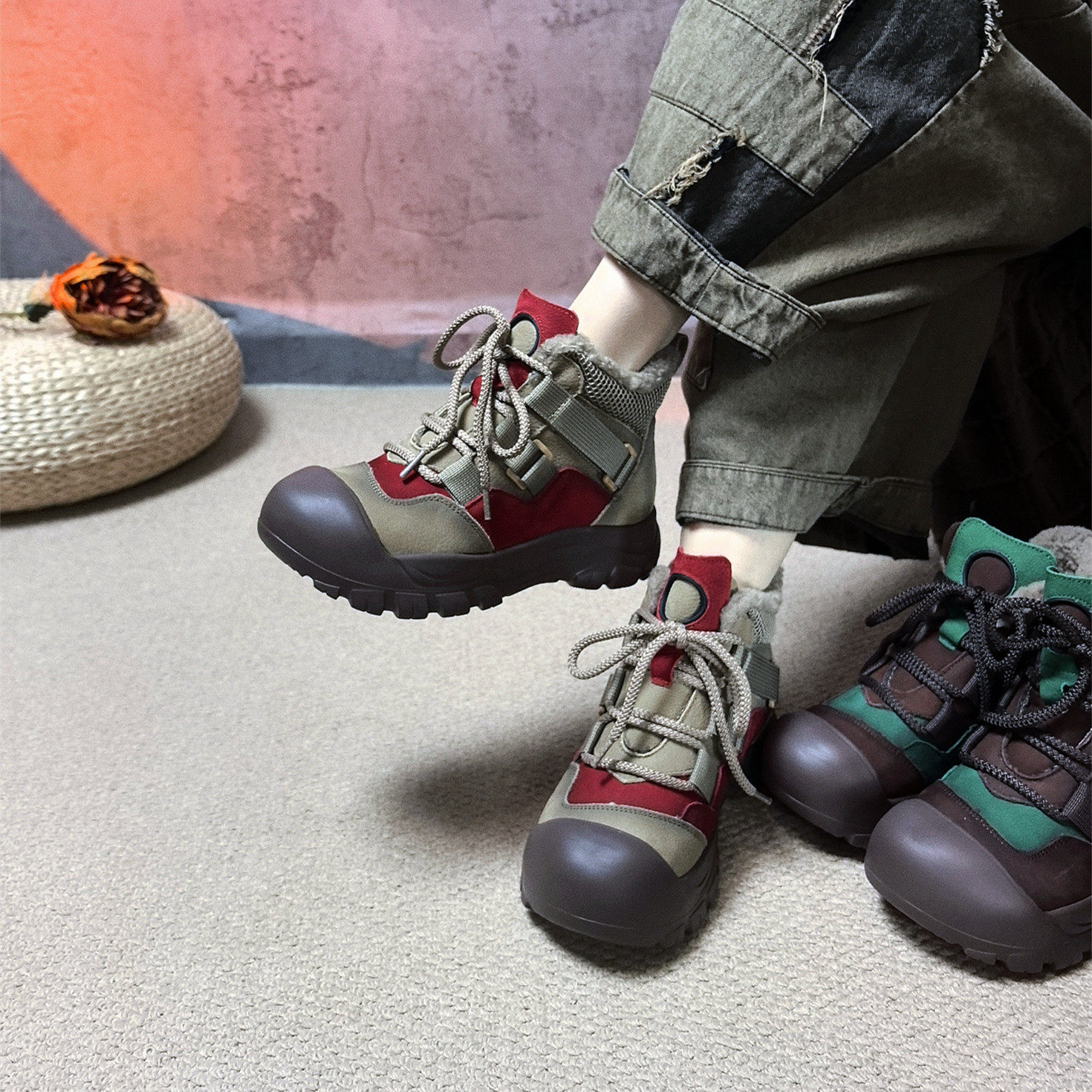 加绒高帮休闲棉靴女秋冬季新款真皮拼色包头运动风棉鞋户外登山鞋,女鞋,时尚雪地靴,淘宝优惠券,粉丝福利购,淘宝优惠卷