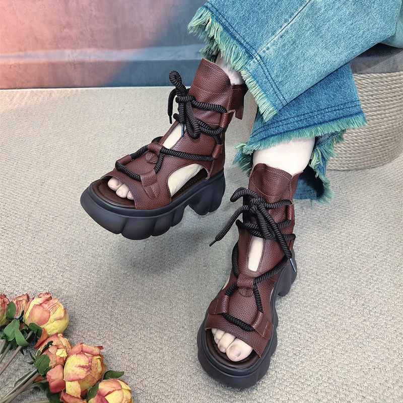 厚底镂空凉靴女夏2026新款复古真皮松糕轻奢短靴高帮小码鱼嘴凉鞋