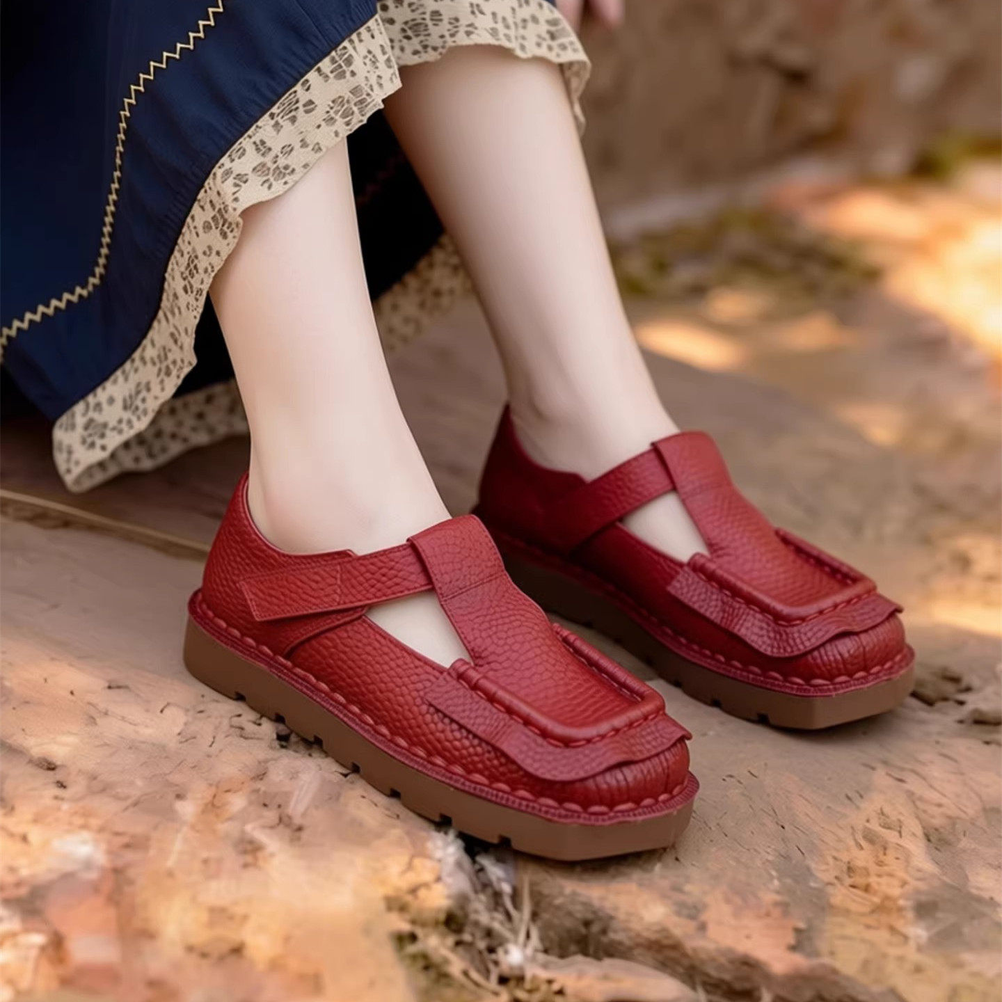 春夏新款手工真皮复古文艺平底单鞋魔术贴丁字带方头休闲鞋豆豆鞋,女鞋,时尚休闲鞋,淘宝优惠券,粉丝福利购,淘宝优惠卷