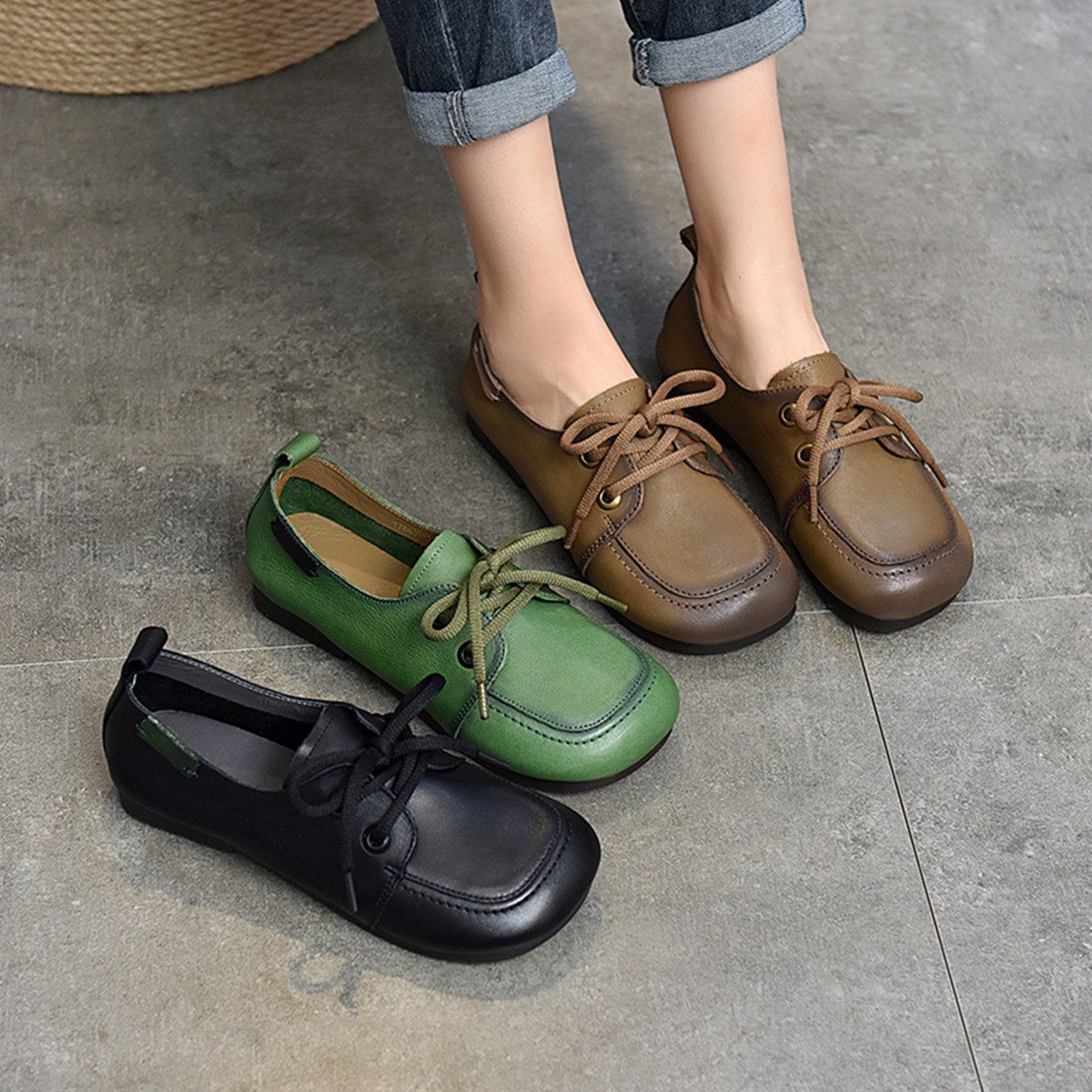 真皮单鞋女2026年春秋新款复古纯色系带平底鞋休闲百搭浅口妈妈鞋,女鞋,浅口单鞋,淘宝优惠券,粉丝福利购,淘宝优惠卷