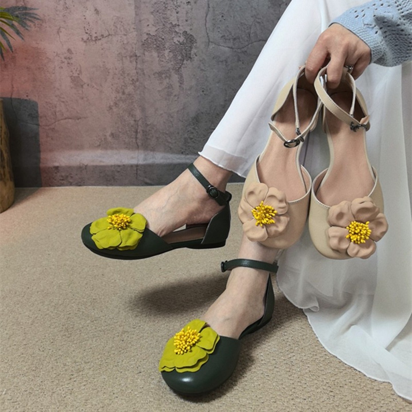 软底真皮中国风花朵凉鞋