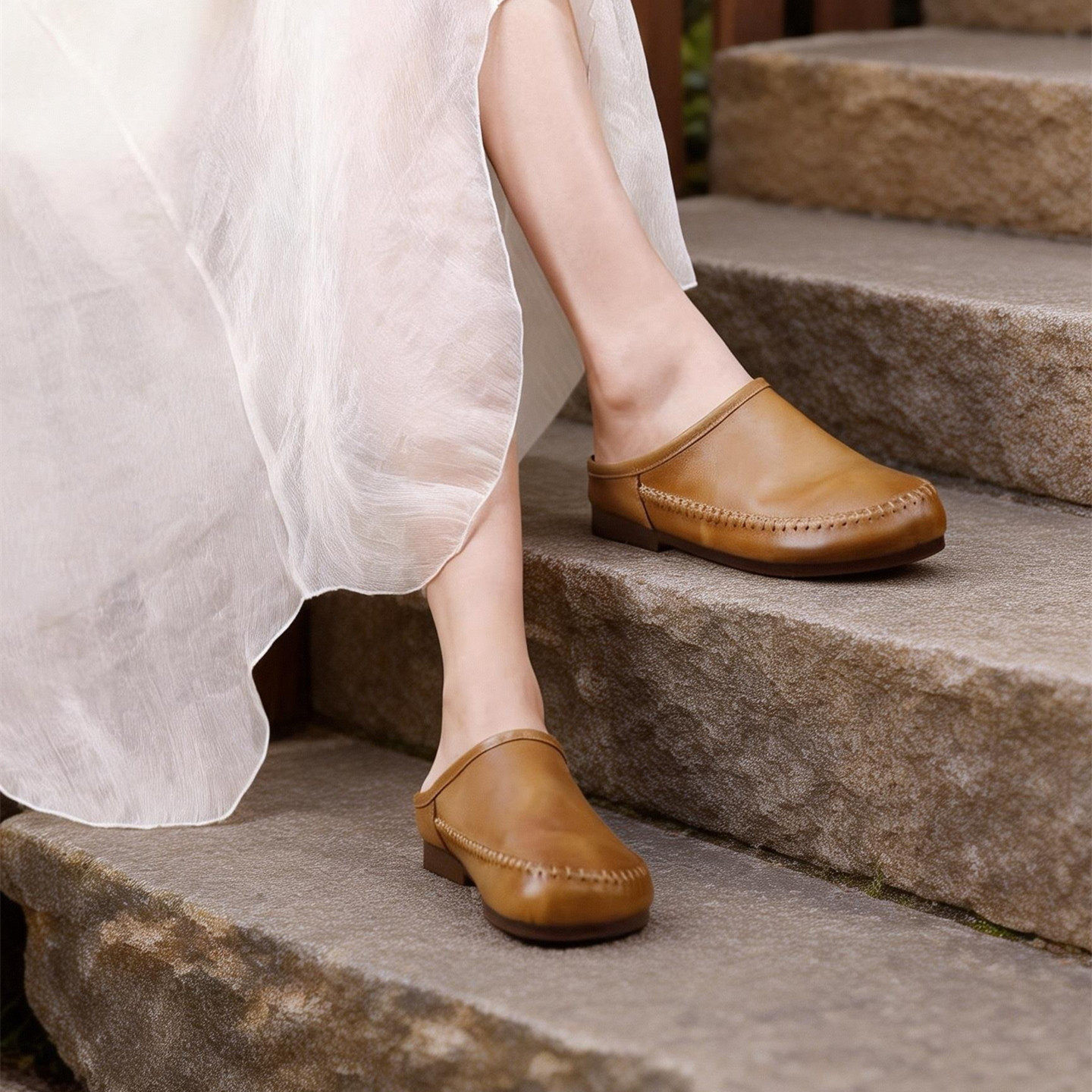 复古手工真皮包头拖女春夏新款复古简约圆头平底一脚蹬外穿皮拖鞋,女鞋,包头拖,淘宝优惠券,粉丝福利购,淘宝优惠卷