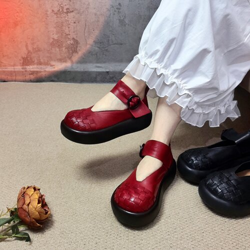 复古头层牛皮厚底编织圆头单鞋女