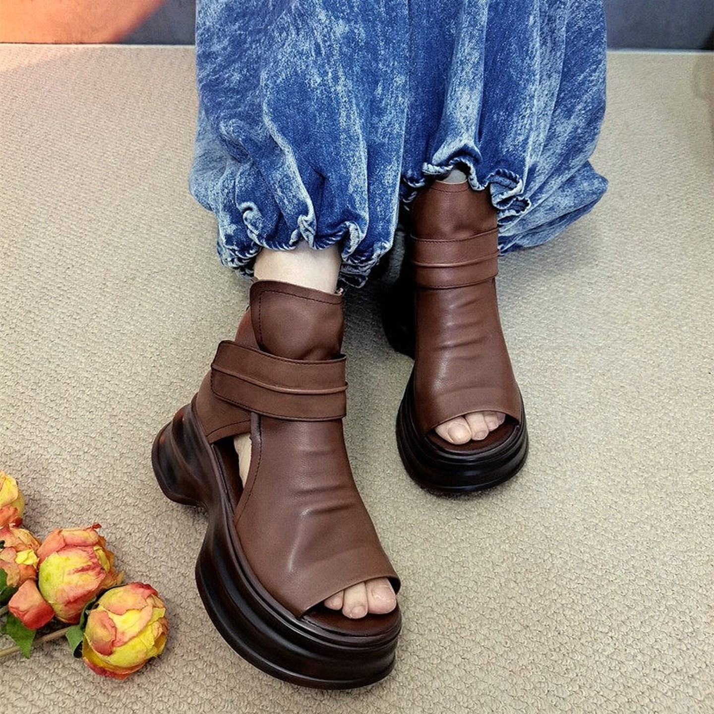 真皮厚底高帮凉鞋女四月倾城手工复古松糕底鱼嘴鞋坡跟罗马凉靴子,女鞋,罗马凉鞋,淘宝优惠券,粉丝福利购,淘宝优惠卷