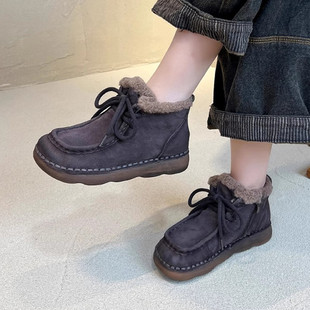 真皮加厚绒马丁靴女冬季 复古英伦风软底大棉靴防滑保暖雪地靴 新款