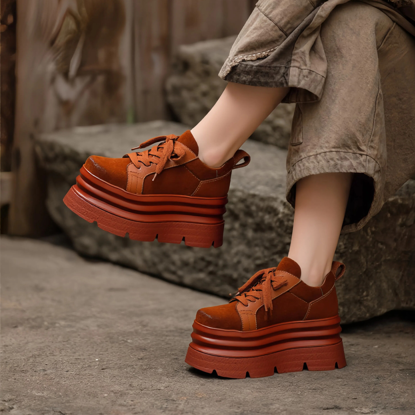 超高跟厚底女鞋真皮休闲松糕鞋