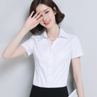 2026夏季新款女式短袖白衬衫女工作服职业修身纽扣V领衬衣OL女装
