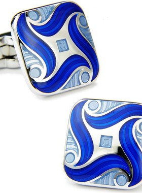 绚丽蓝色波浪 珐琅袖扣镀白金 衬衫袖钉男士袖口1