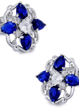 深蓝色公爵  锆石袖扣 镀白金袖钉 法式袖扣男式袖口1