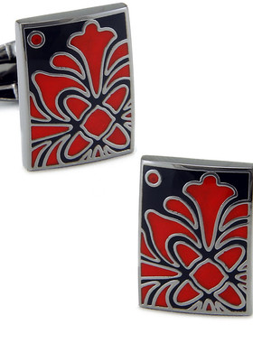 长方红色绽放 镀白金袖扣 精致珐琅 法式袖钉男士袖口1