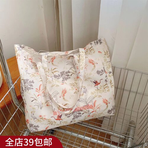 满5个包  邮 外单欧美复古时尚花鸟大号慵懒风棉布袋单肩包购物袋