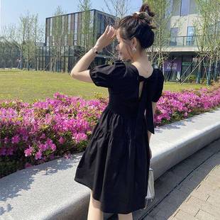 方领赫本风小黑裙蝴蝶结裙子 小个子黑色连衣裙女短款 夏季 新款 法式
