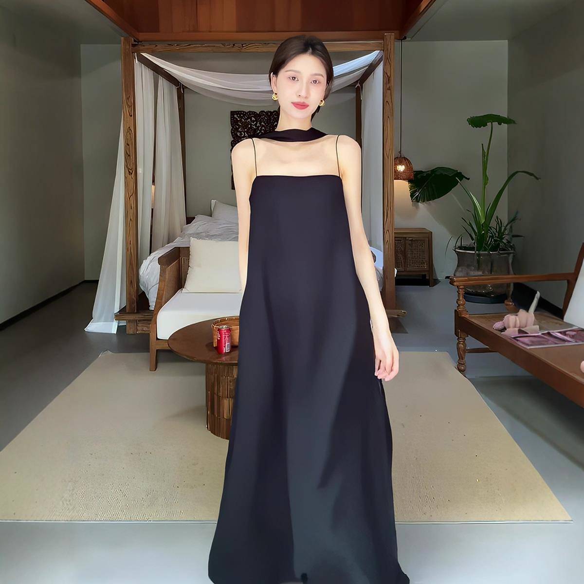御姐黑色宽松百搭吊带裙女2025年夏季新款韩系无袖露肩抹胸连衣裙