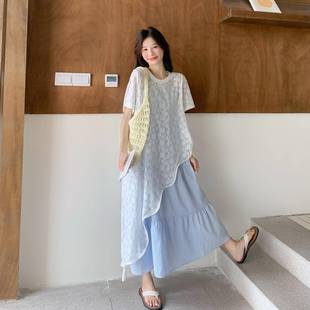 连衣裙套装 巨好看蕾丝罩衫 女夏日绝美小清新减龄格子吊带裙两件套