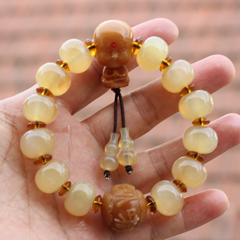 天然西藏羊角佛珠手串高油性抛光苹果园配风化菩提根童子男女手链
