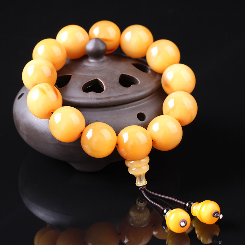 天然西藏金丝牦牛角手串金黄色圆珠葫芦款男女式牛角文玩佛珠手链