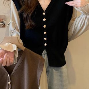 假两件小衫 泡泡袖 荷叶边V领针织开衫 上衣潮 长袖 胖MM秋季 大码 新款