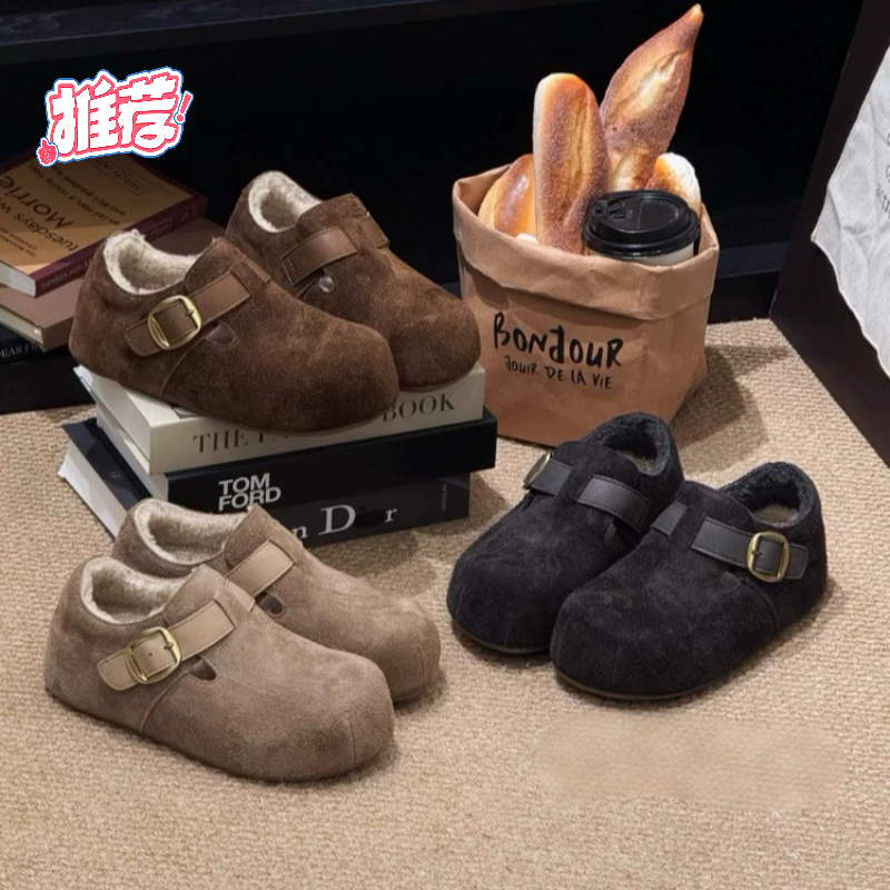 2026新款复古内增高加绒加厚包头鞋保暖懒人棉鞋秋冬羊羔毛勃肯鞋