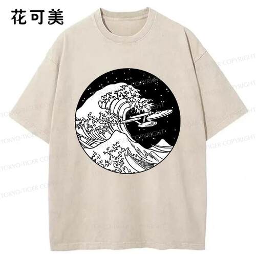 花可美美式风大浪印花短袖T恤男女情侣宽松街头vintage上衣