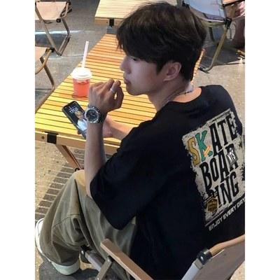 潮牌冰丝索罗娜高级感短袖t恤男生青少年上衣服美式宽松情侣半袖