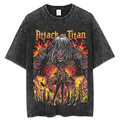 Attack on Titan Anime Short-Sleeve T-Shirt Vintage Washed 100% Cotton Street Style Unisex Men