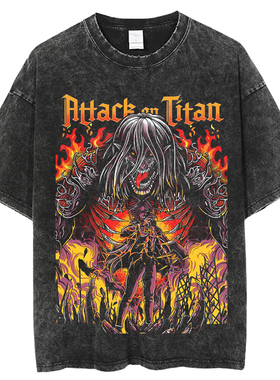 Attack on Titan动漫进击巨人短袖T恤复古水洗100%纯棉街头中性男