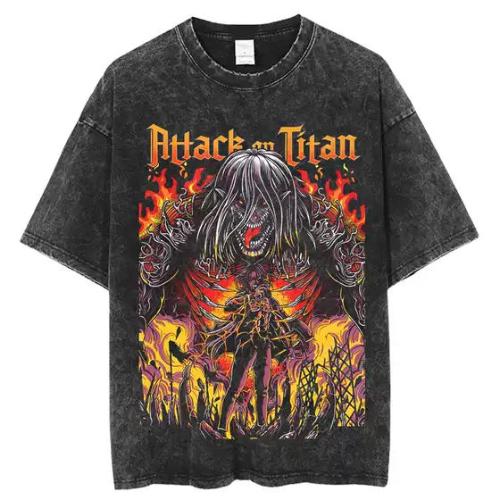Attack on Titan Anime Short-Sleeve T-Shirt Vintage Washed 100% Cotton Street Style Unisex Men