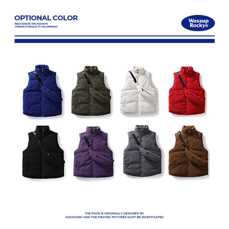 WASSUP ROCKY 일본 레트로 빈티지 다운 코튼 조끼 겨울 양복 조끼 스탠드 업 칼라 조끼 자켓 트렌디