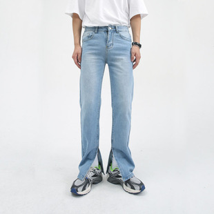 韩版水洗磨白浅蓝分叉裤脚内开叉牛仔裤男修身合体小直筒长裤潮流