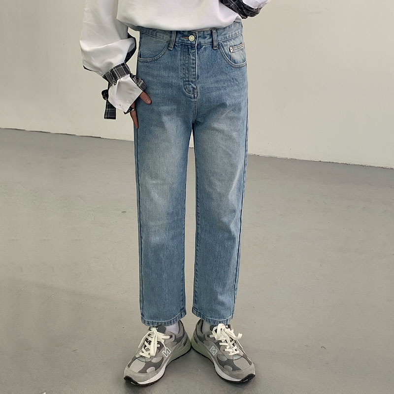 怀旧经典纯色九分小直筒牛仔裤