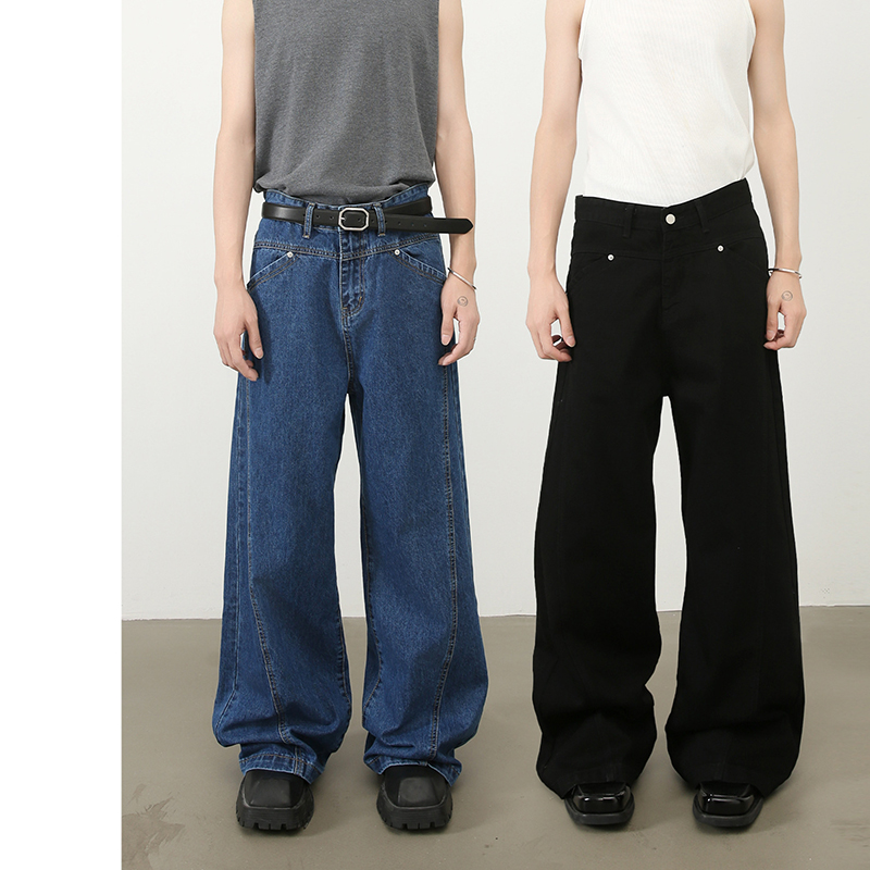 sicnhe复古水洗前后分割设计直筒拼接牛仔裤男潮牌宽松阔腿加长裤