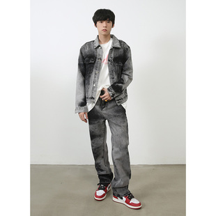 sicnhe港式复古高级设计感牛仔夹克套装男ins痞帅外套牛仔裤时髦