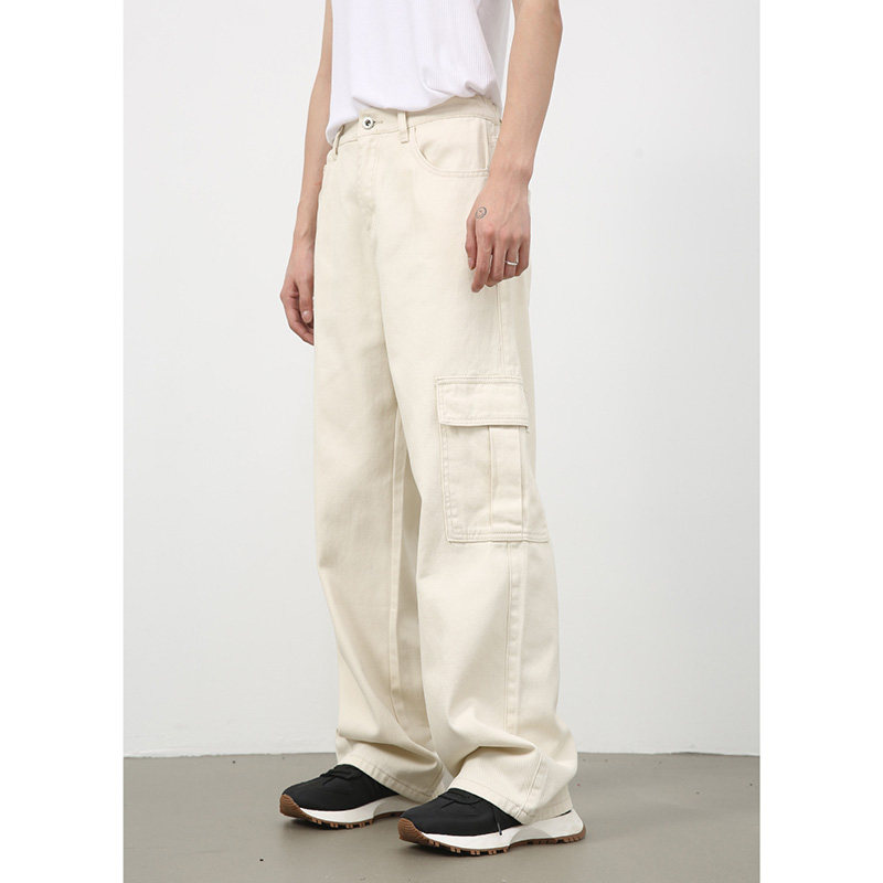 sicnhe多巴胺糖果色半松紧腰休闲多口袋工装牛仔裤男宽松直筒阔腿