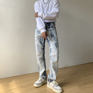 潮牌 男宽松直筒修身 ins复古高街fog水洗雪花白晕染个性 扎染牛仔裤