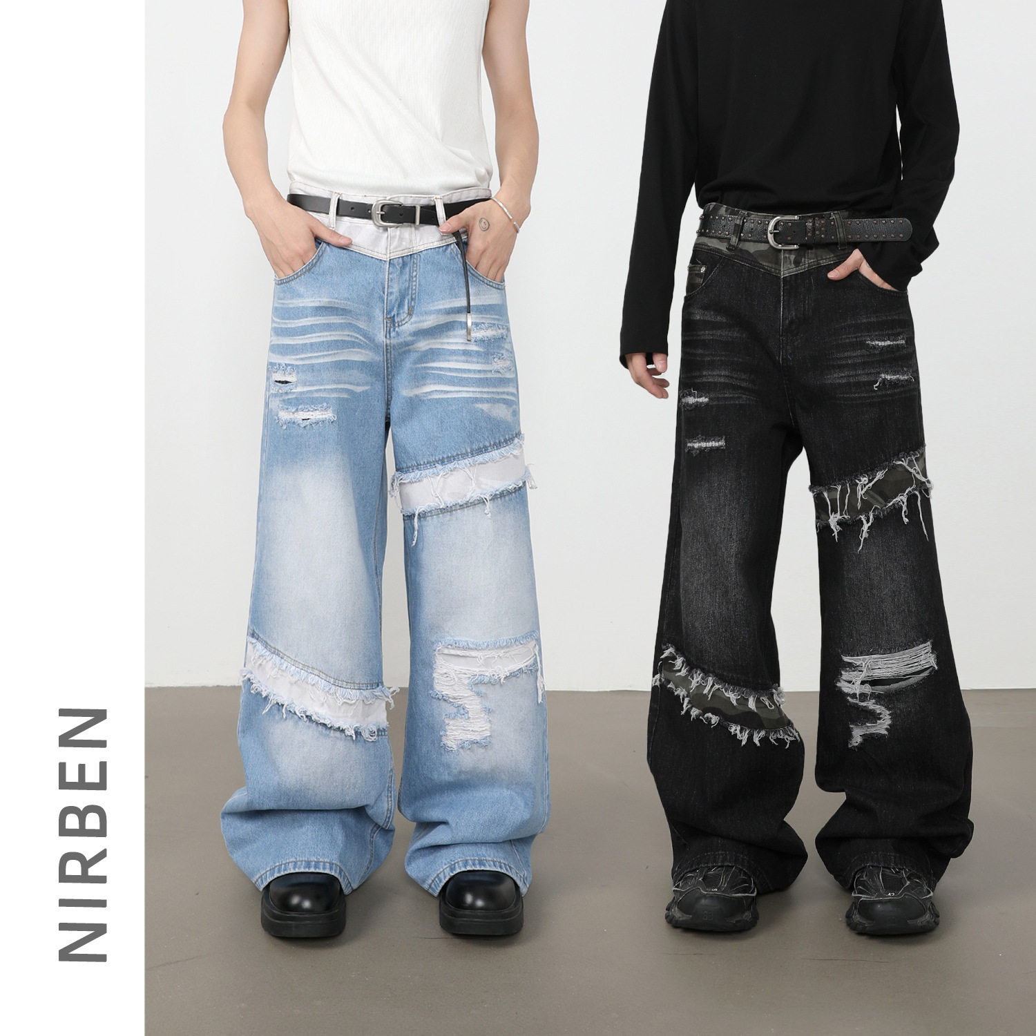 sicnhe美式高街补丁假大破洞拼接时尚百搭牛仔裤男宽松乞丐直筒裤,男装,牛仔裤,淘宝优惠券,粉丝福利购,淘宝优惠卷