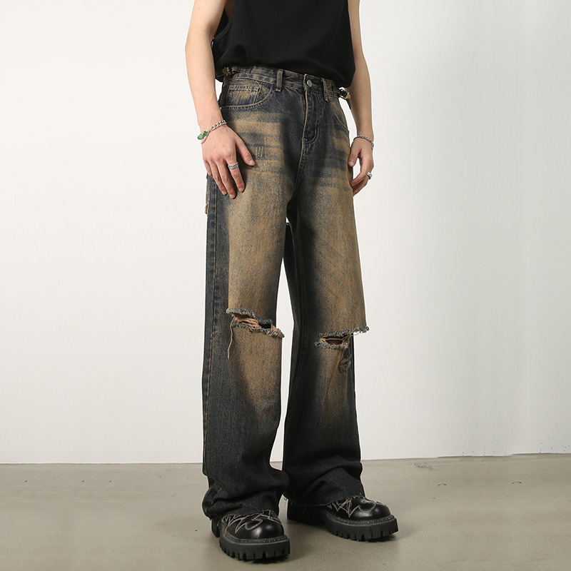 拉链长裤水洗夏季破洞牛仔裤