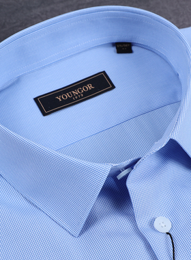 雅戈尔天蓝色千鸟格短袖衬衫男士夏款纯棉免烫半袖VSPM124866IFY